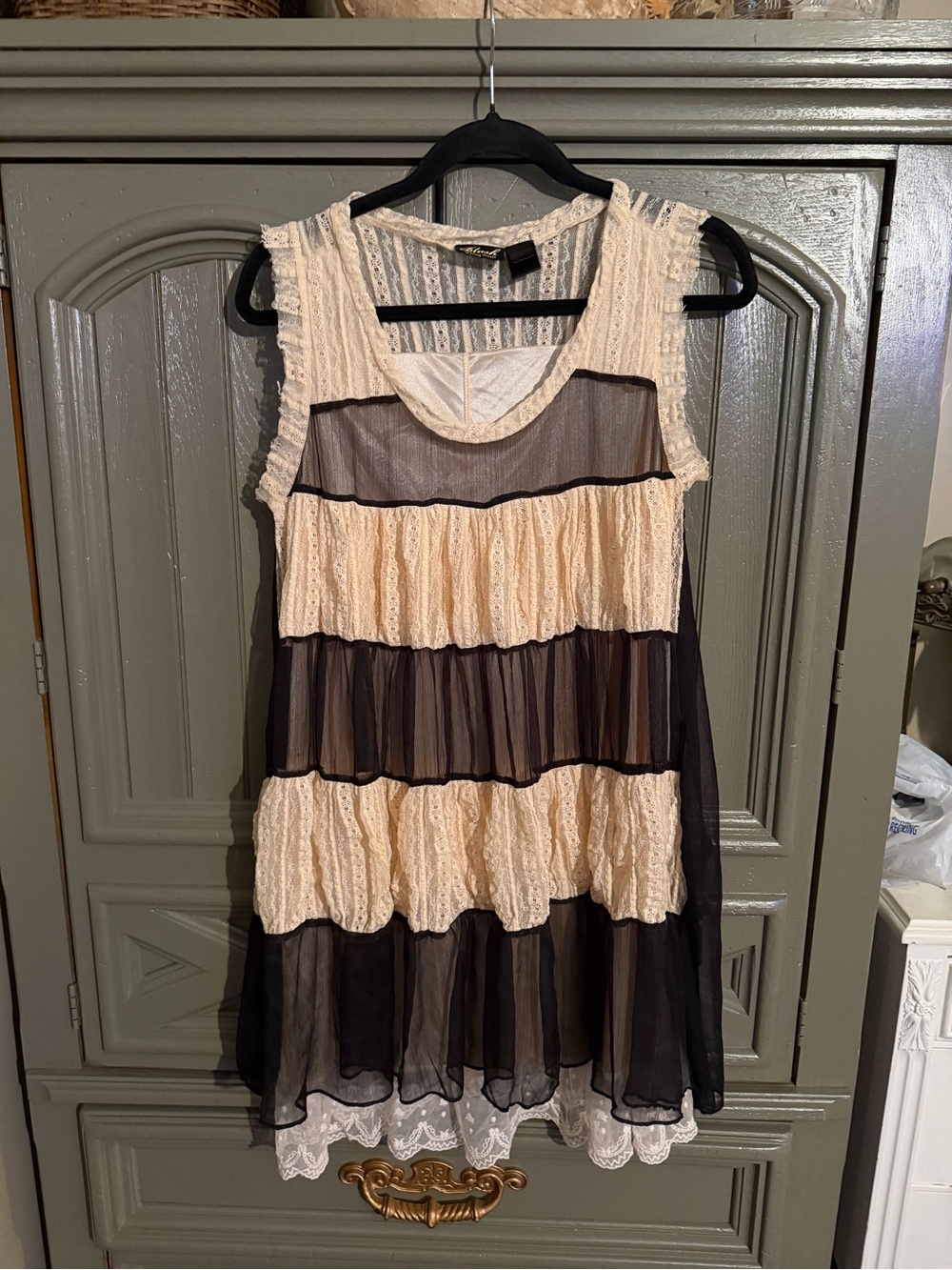 Sleeveless Tiered Lace & Sheer Mini Dress in Cream and Black
